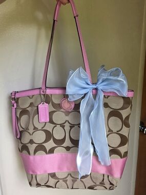 Coach Brown Signature Canvas Tote with Pink Trim and Blue Bow